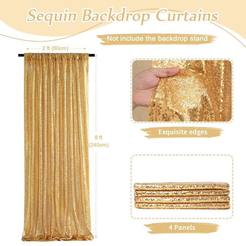 SoarDream Sequin Backdrop Curtain 4 Pcs 2ftx8ft Wedding Ceremony Background Backdrop Glitter Shimmer Fabric Gold Backdrop Drapes - Image 2